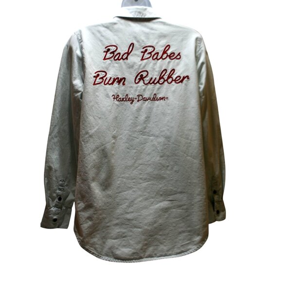 Harley Davidson Tops - Harley-Davidson Blue Chambray Shirt Womens M Burn Rubber Embroidered Biker Moto